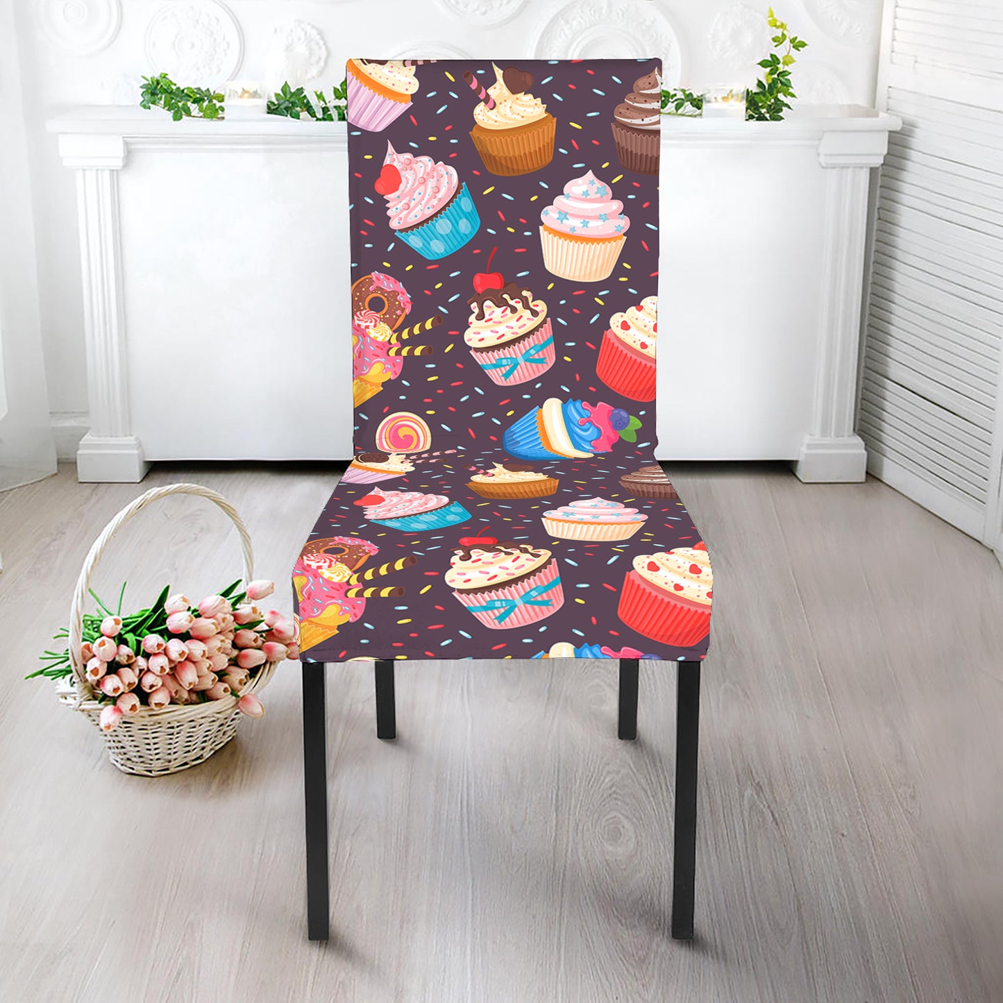 Cute Cupcake Pattern Print Dining Chair Slipcover