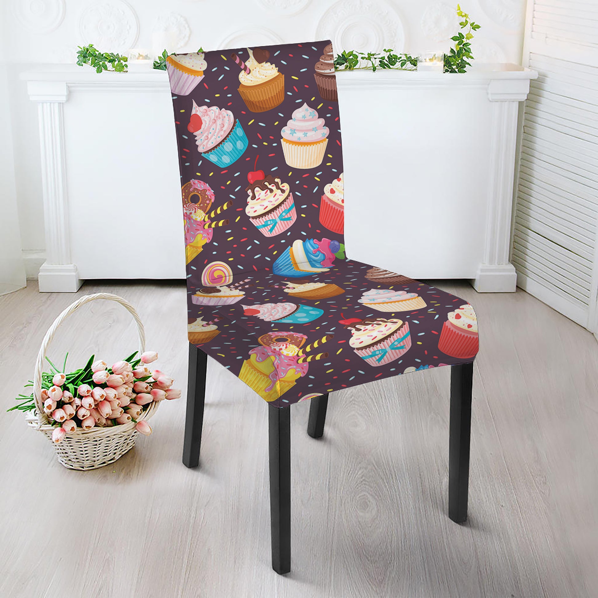 Cute Cupcake Pattern Print Dining Chair Slipcover
