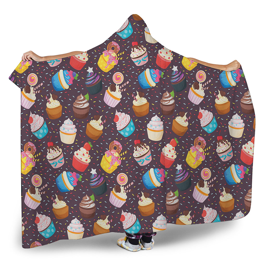 Cute Cupcake Pattern Print Hooded Blanket