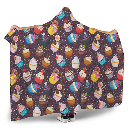 Cute Cupcake Pattern Print Hooded Blanket