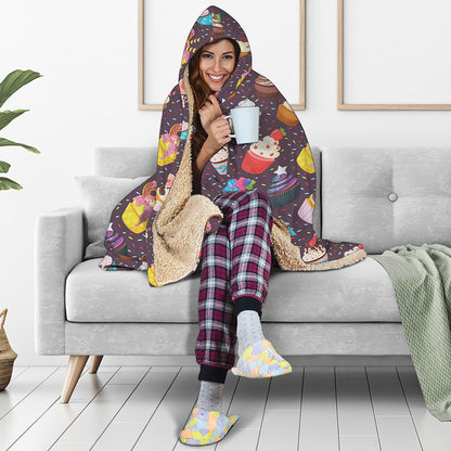 Cute Cupcake Pattern Print Hooded Blanket