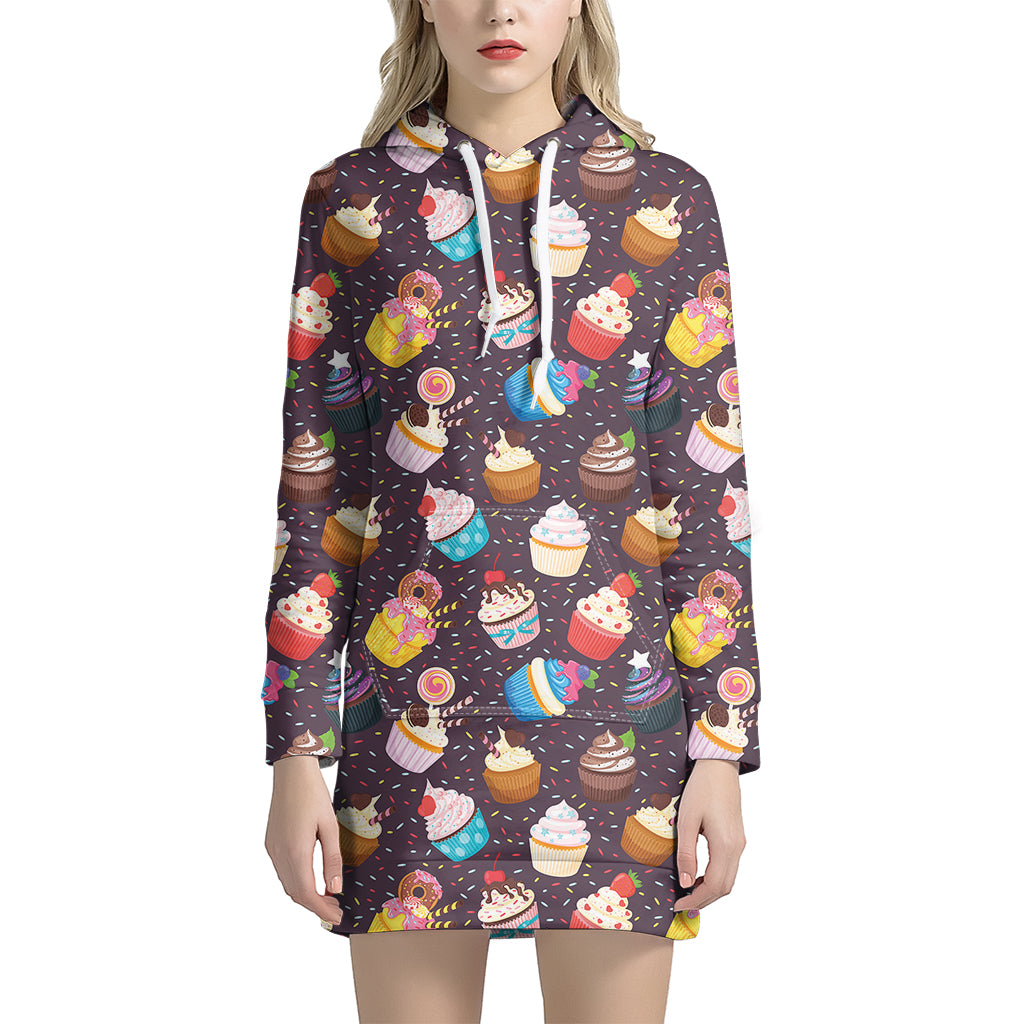 Cute Cupcake Pattern Print Hoodie Dress