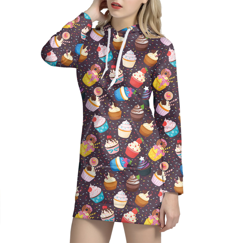 Cute Cupcake Pattern Print Hoodie Dress