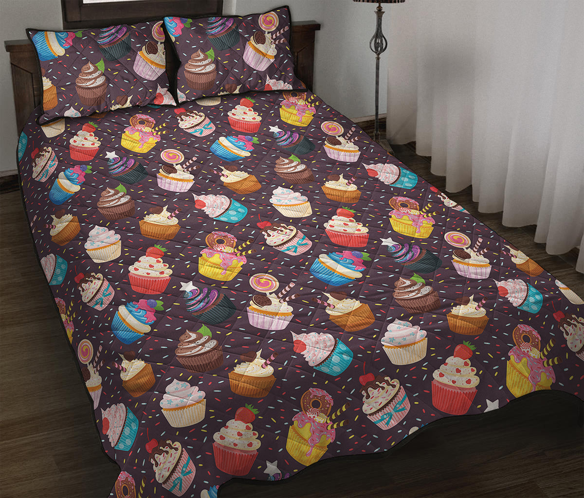 Cute Cupcake Pattern Print Quilt Bed Set