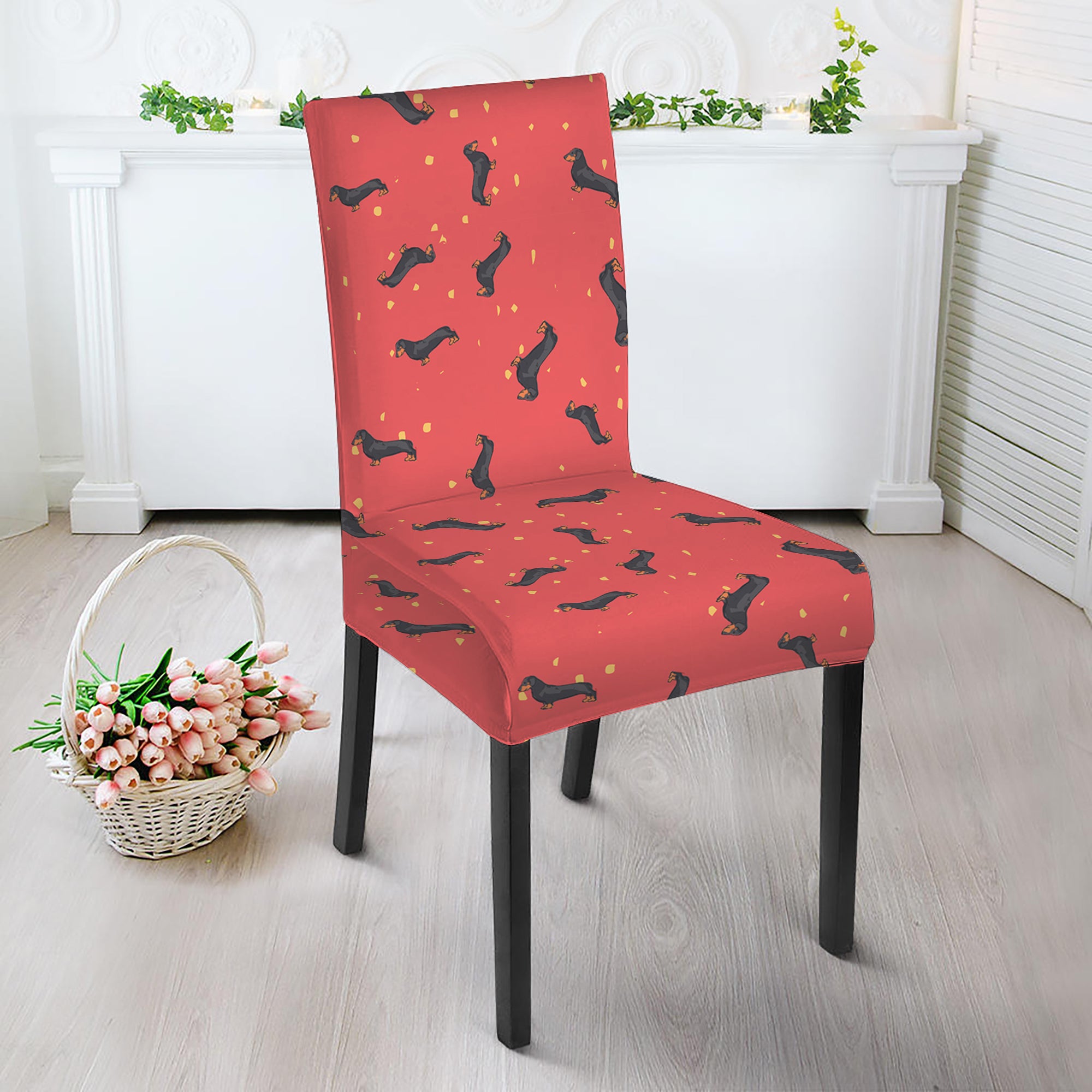 Cute Dachshund Pattern Print Dining Chair Slipcover