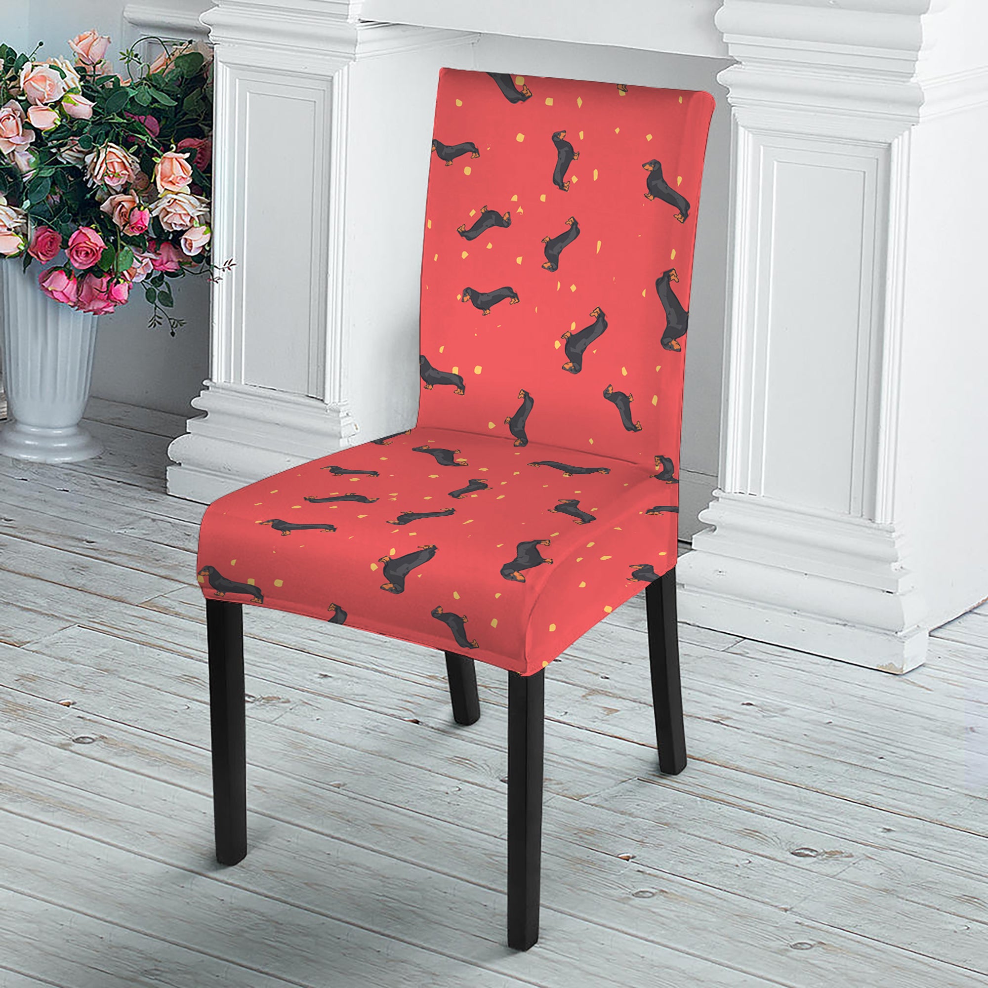 Cute Dachshund Pattern Print Dining Chair Slipcover