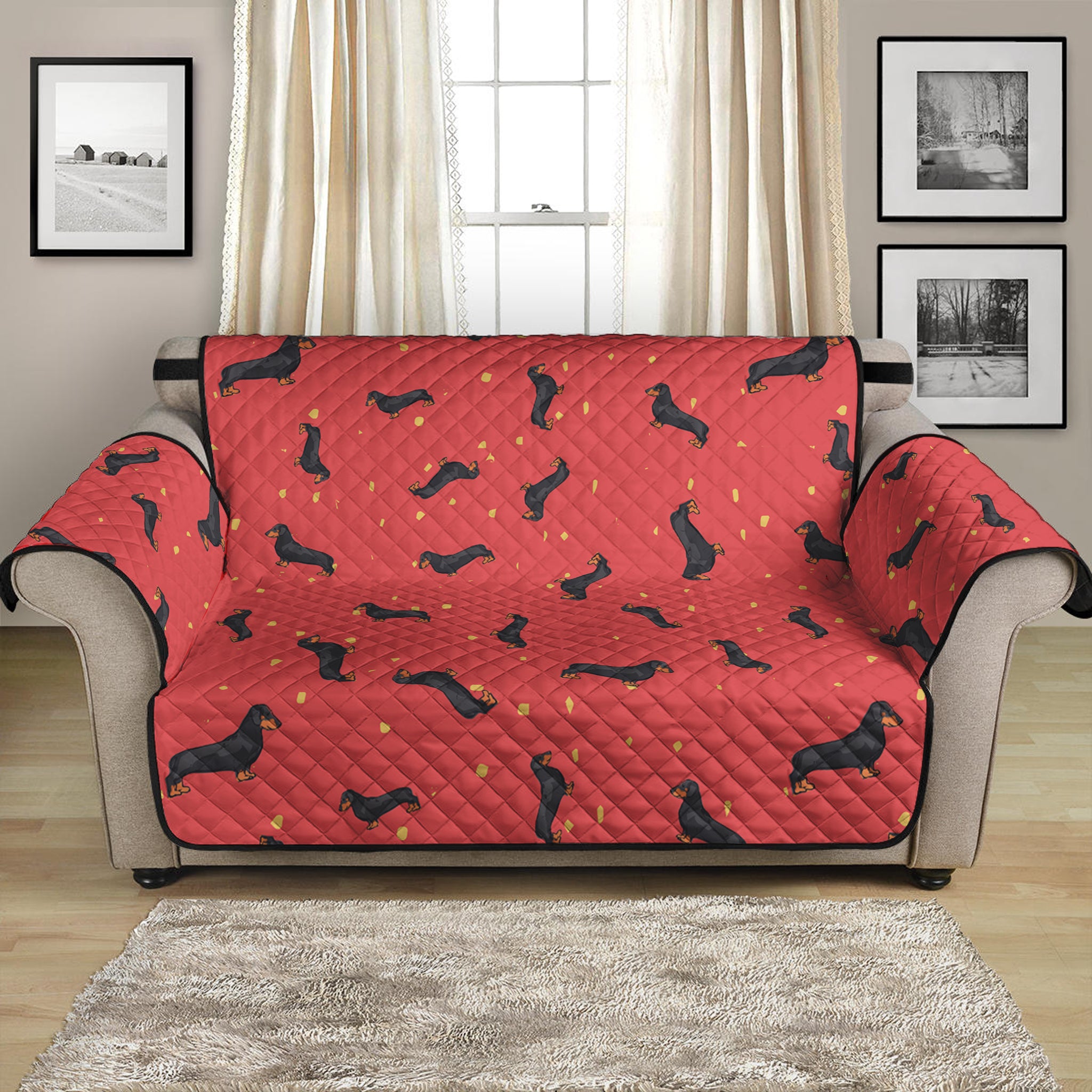 Cute Dachshund Pattern Print Loveseat Protector