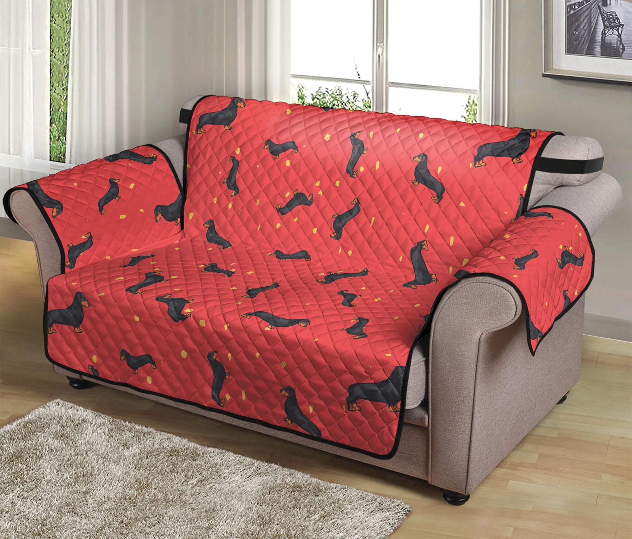 Cute Dachshund Pattern Print Loveseat Protector