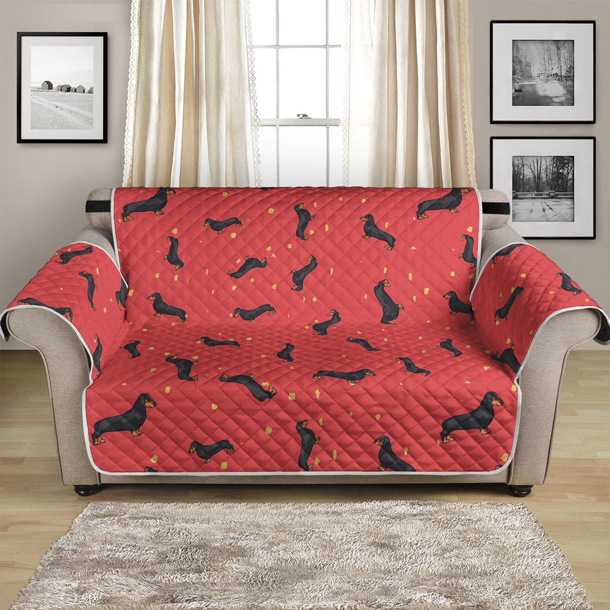 Cute Dachshund Pattern Print Loveseat Protector