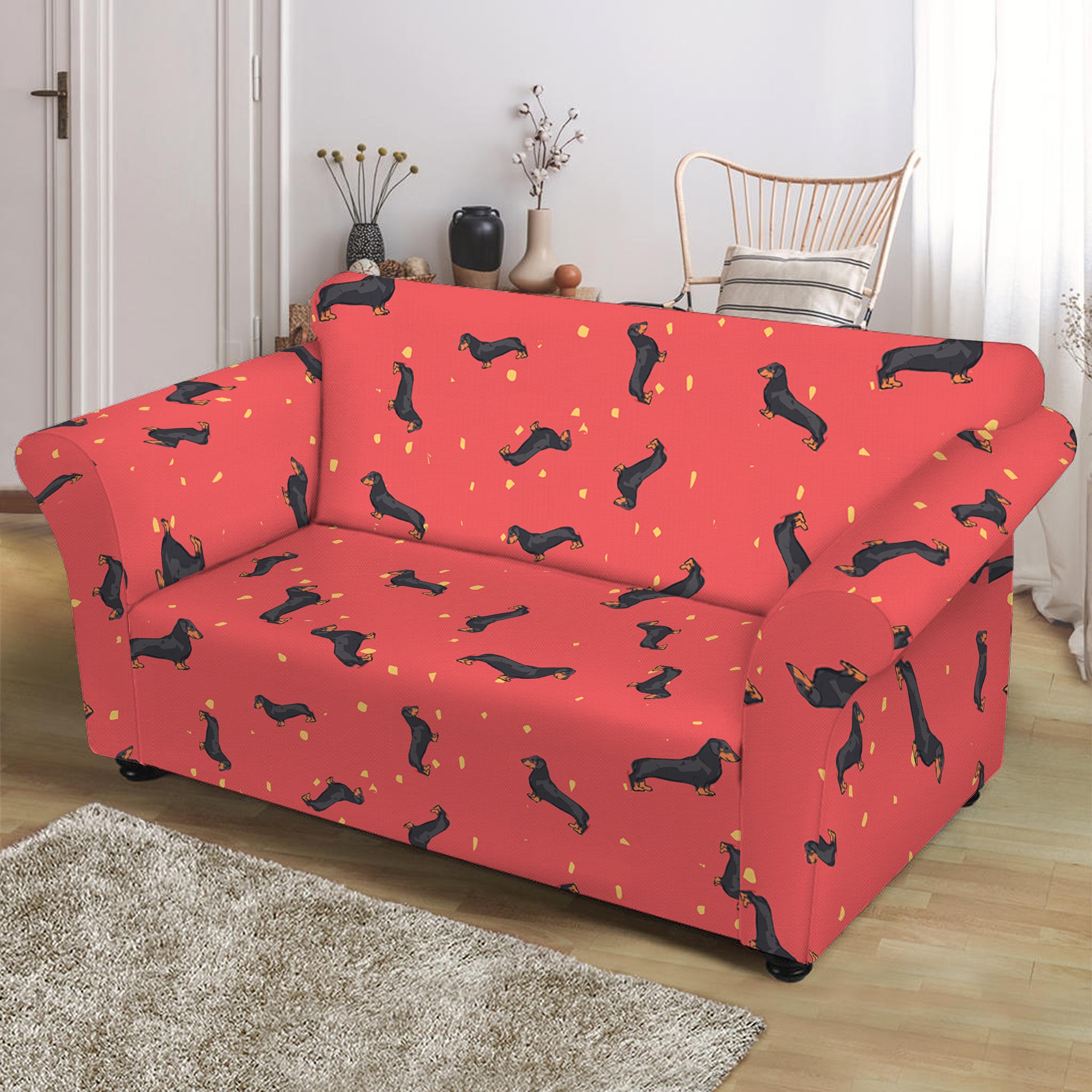 Cute Dachshund Pattern Print Loveseat Slipcover