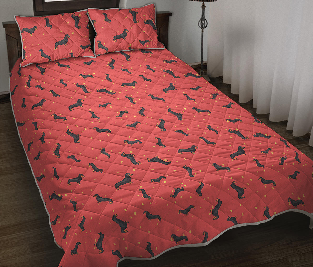 Cute Dachshund Pattern Print Quilt Bed Set