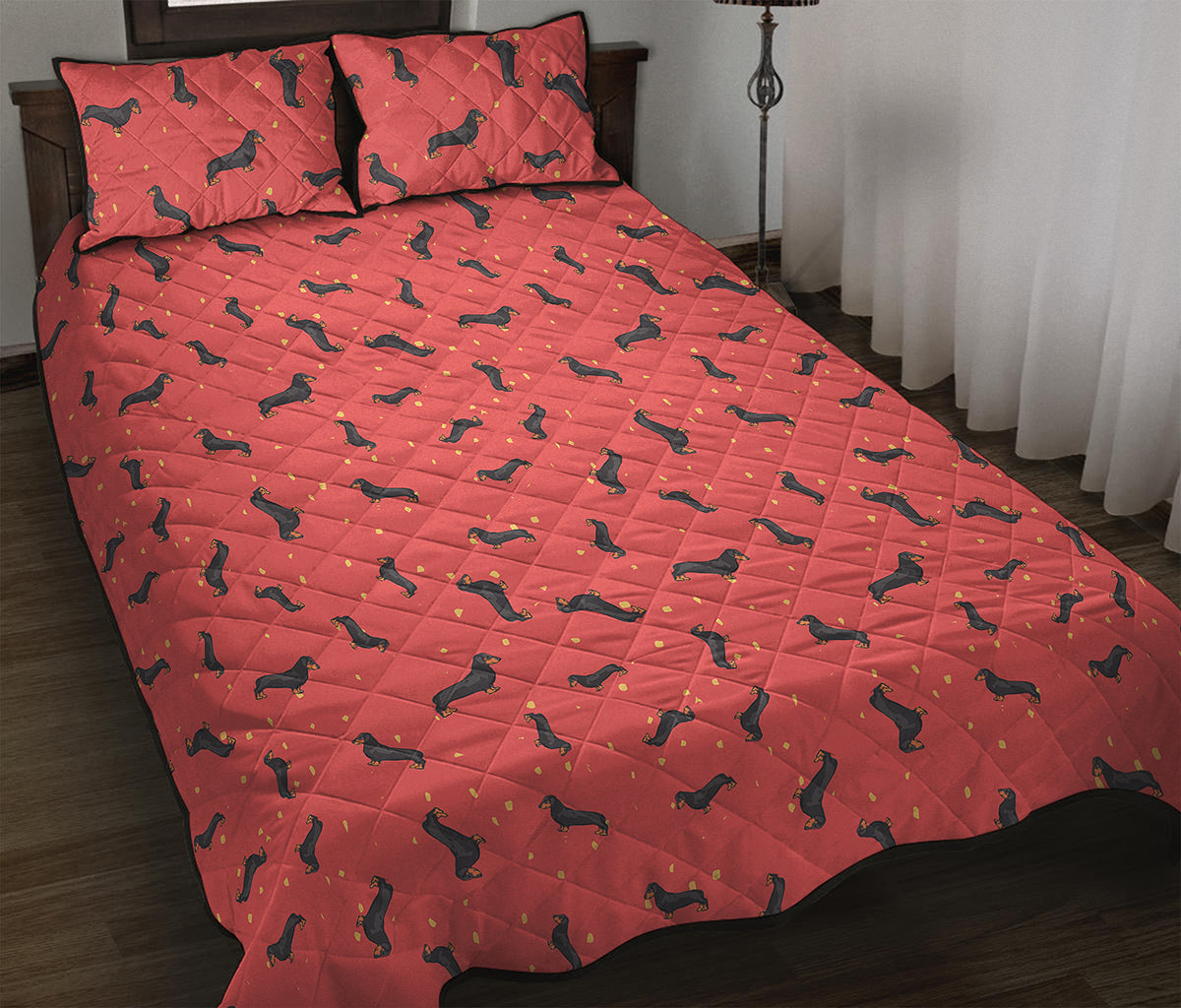 Cute Dachshund Pattern Print Quilt Bed Set