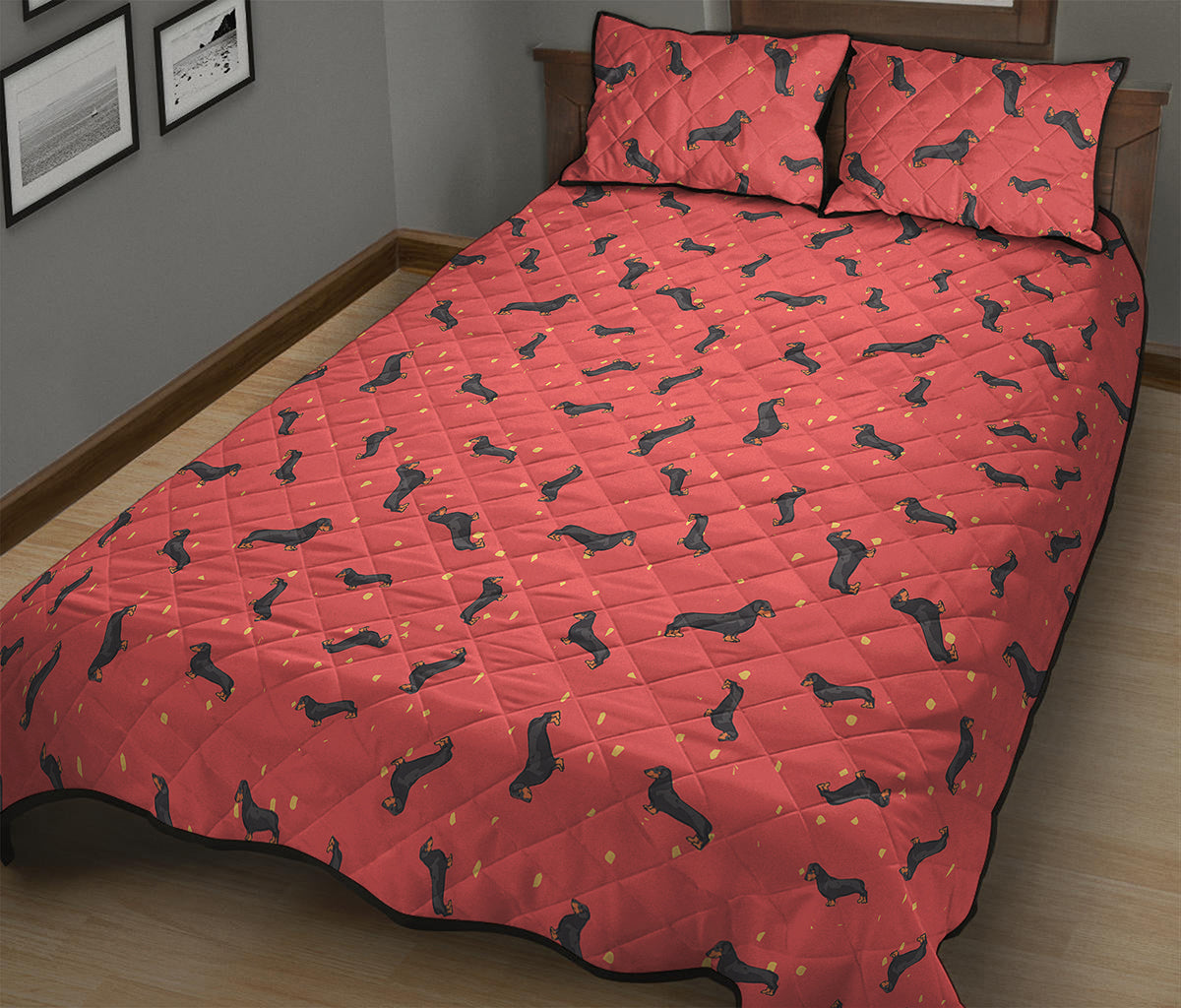 Cute Dachshund Pattern Print Quilt Bed Set