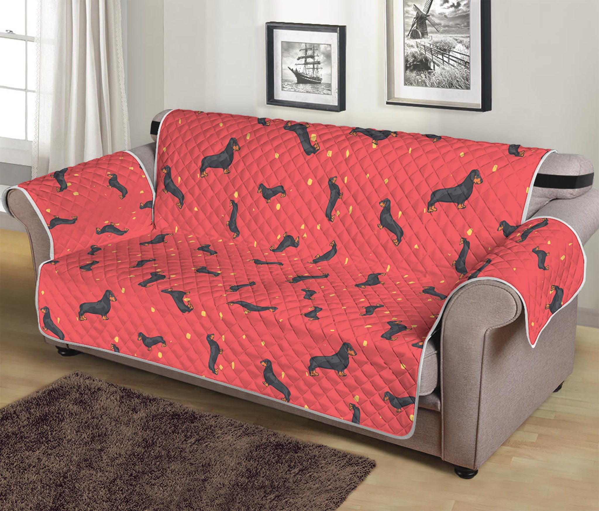 Cute Dachshund Pattern Print Sofa Protector