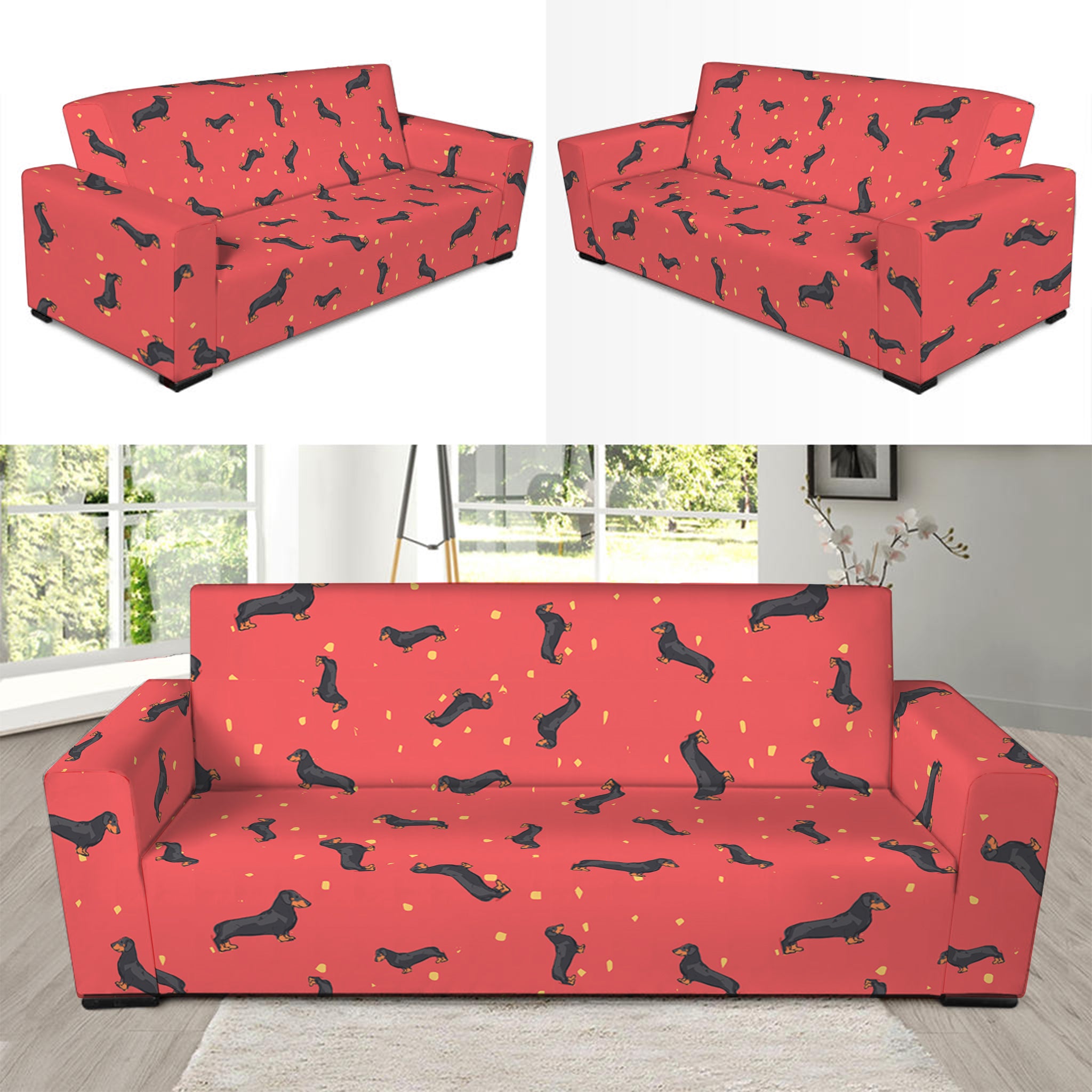 Cute Dachshund Pattern Print Sofa Slipcover