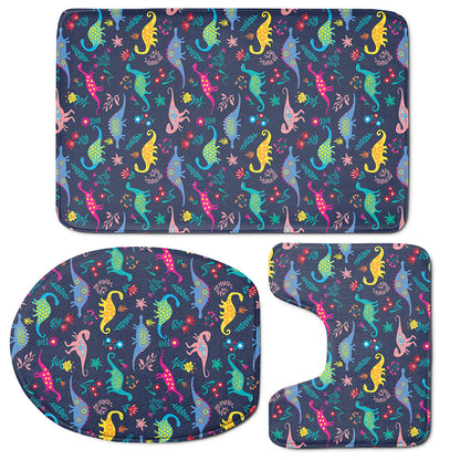 Cute Dino Floral Pattern Print 3 Piece Bath Mat Set