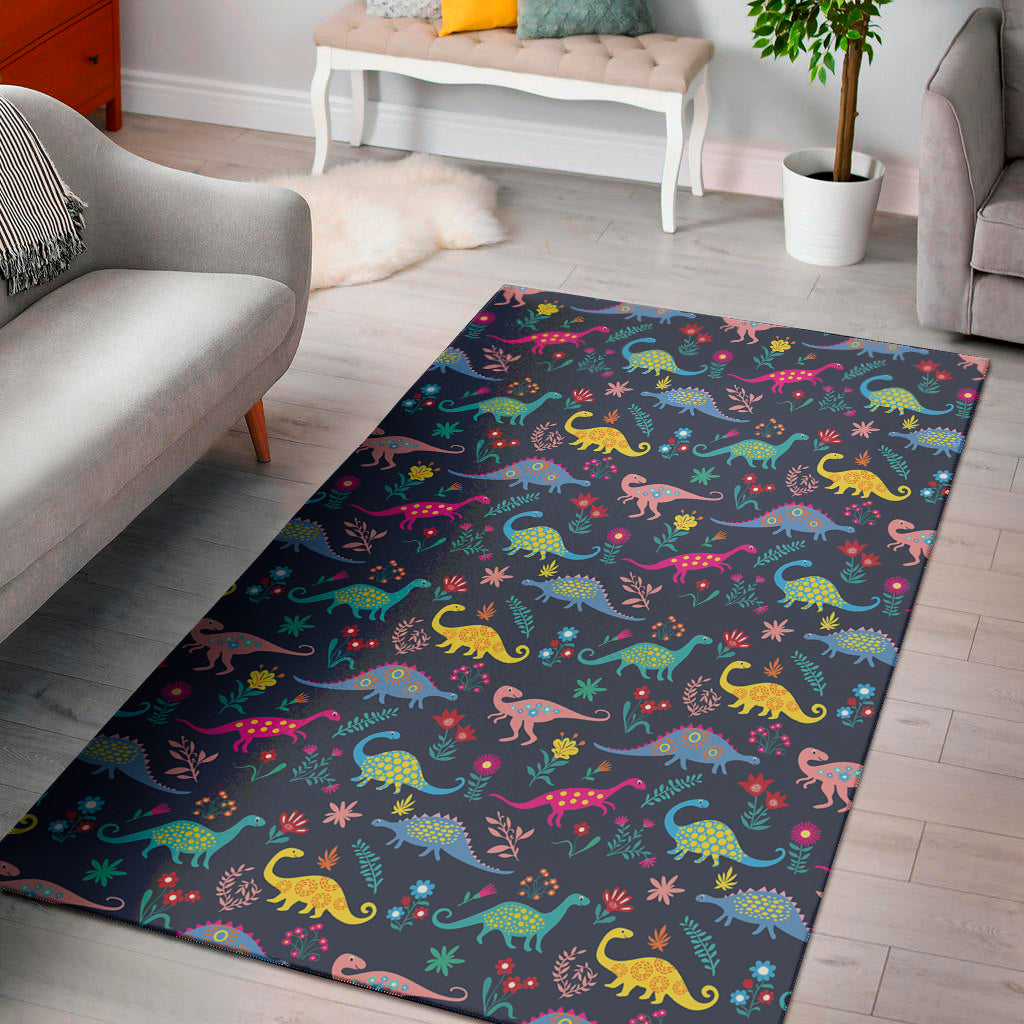 Cute Dino Floral Pattern Print Area Rug