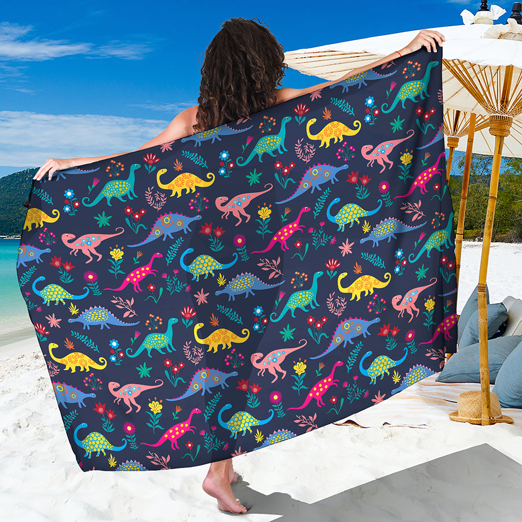 Cute Dino Floral Pattern Print Beach Sarong Wrap