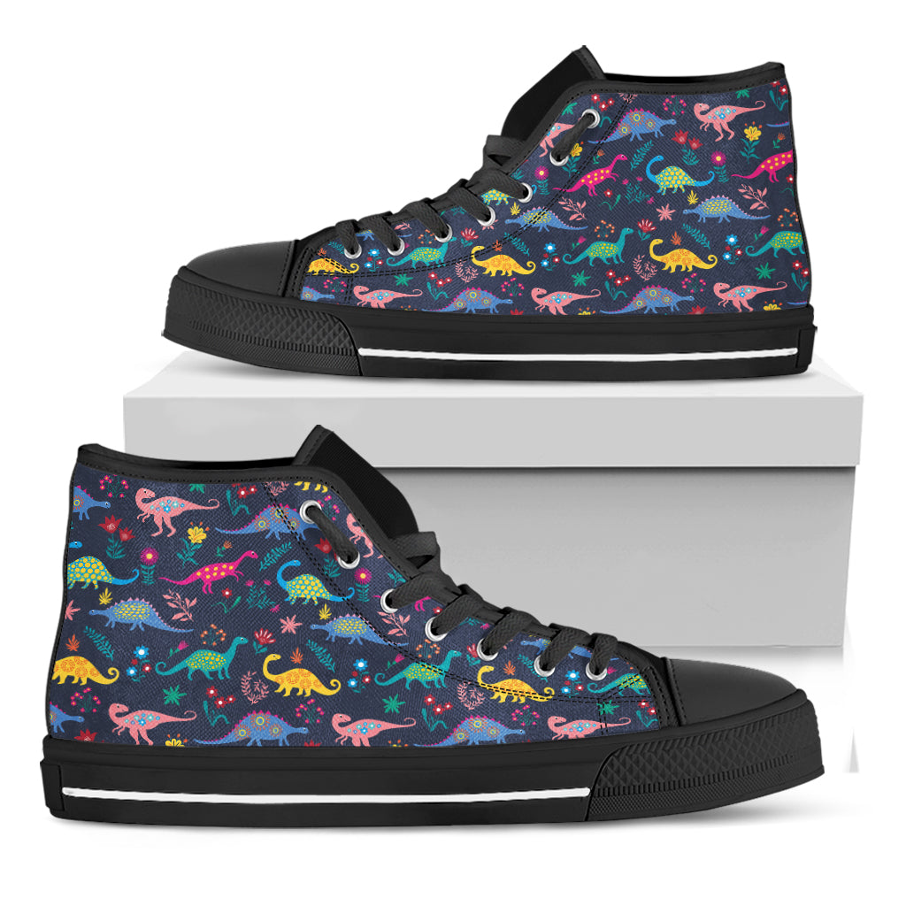 Cute Dino Floral Pattern Print Black High Top Shoes