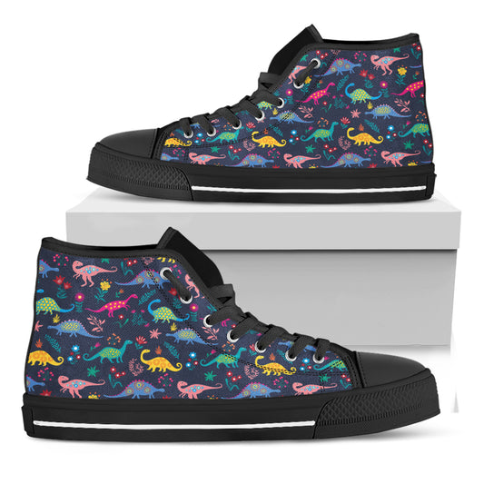 Cute Dino Floral Pattern Print Black High Top Shoes