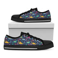 Cute Dino Floral Pattern Print Black Low Top Sneakers