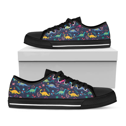 Cute Dino Floral Pattern Print Black Low Top Shoes