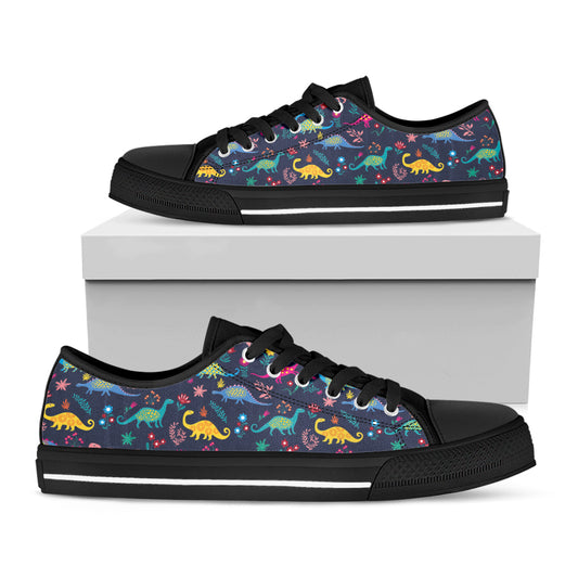 Cute Dino Floral Pattern Print Black Low Top Shoes