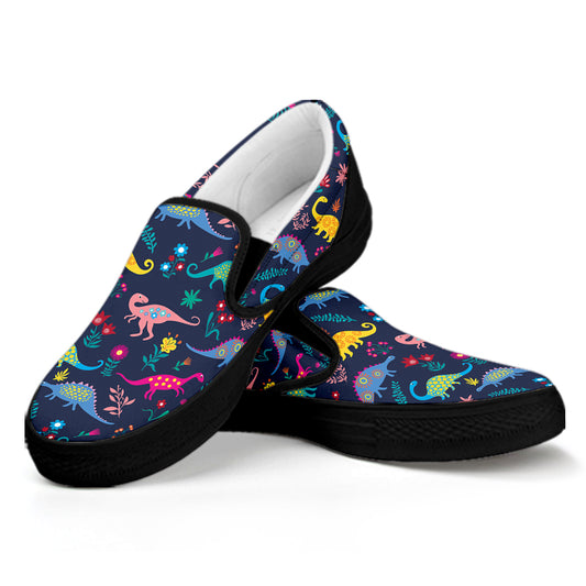 Cute Dino Floral Pattern Print Black Slip On Shoes