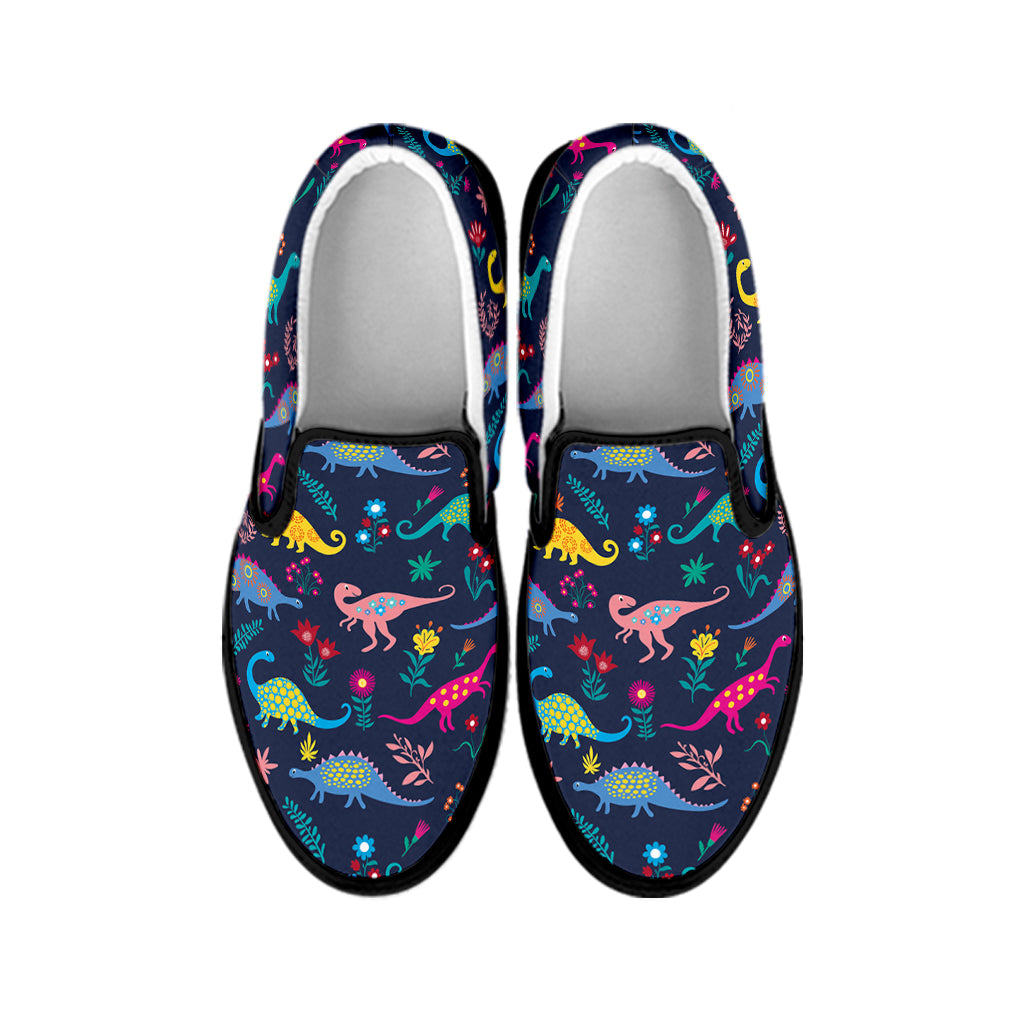 Cute Dino Floral Pattern Print Black Slip On Shoes