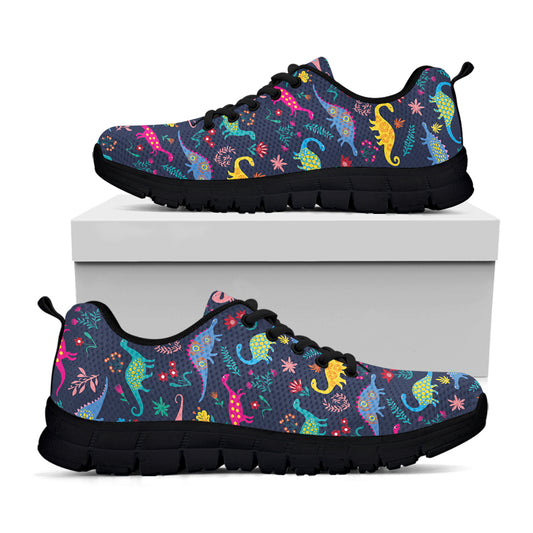 Cute Dino Floral Pattern Print Black Sneakers
