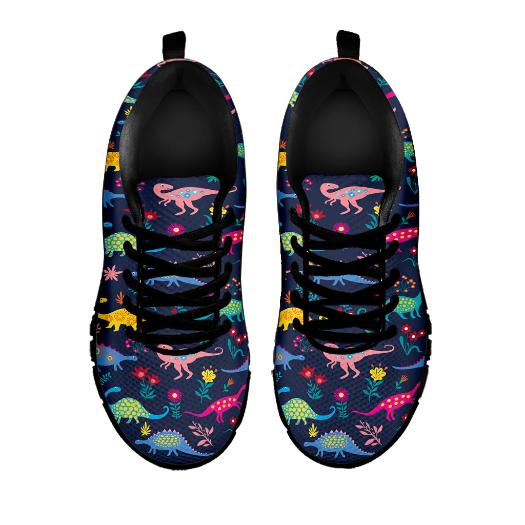 Cute Dino Floral Pattern Print Black Sneakers