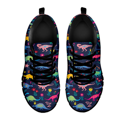 Cute Dino Floral Pattern Print Black Sneakers