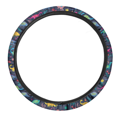 Cute Dino Floral Pattern Print Car Steering Wheel Cover
