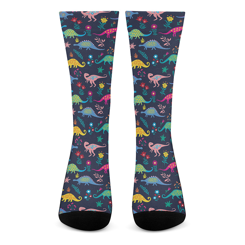 Cute Dino Floral Pattern Print Crew Socks