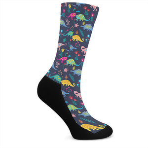 Cute Dino Floral Pattern Print Crew Socks