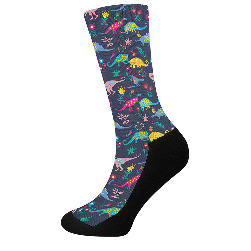 Cute Dino Floral Pattern Print Crew Socks