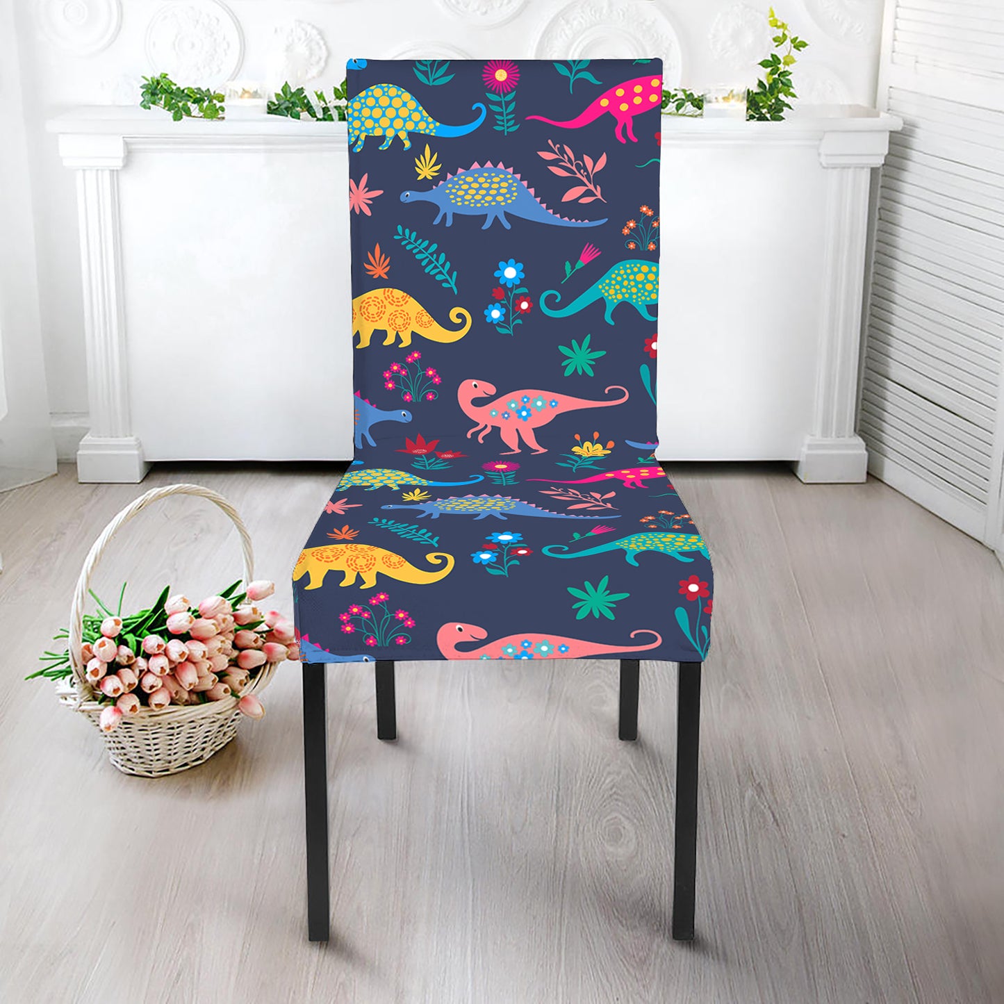Cute Dino Floral Pattern Print Dining Chair Slipcover
