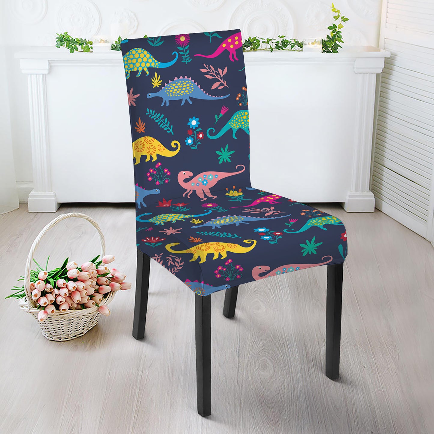 Cute Dino Floral Pattern Print Dining Chair Slipcover