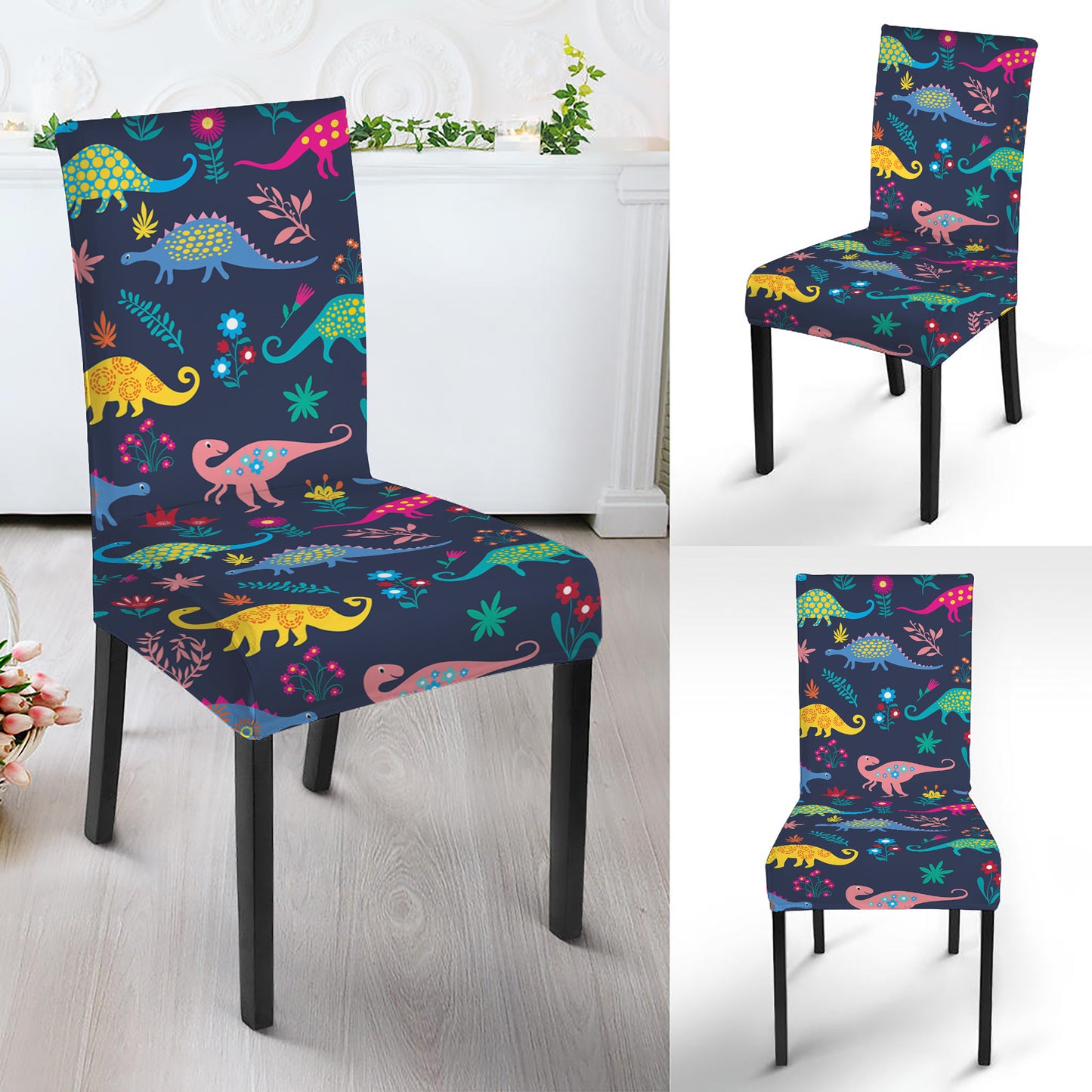 Cute Dino Floral Pattern Print Dining Chair Slipcover