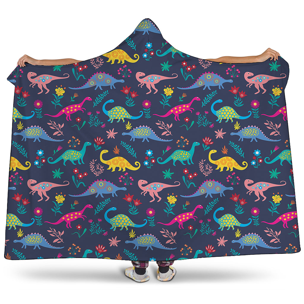 Cute Dino Floral Pattern Print Hooded Blanket