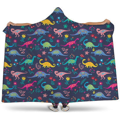 Cute Dino Floral Pattern Print Hooded Blanket