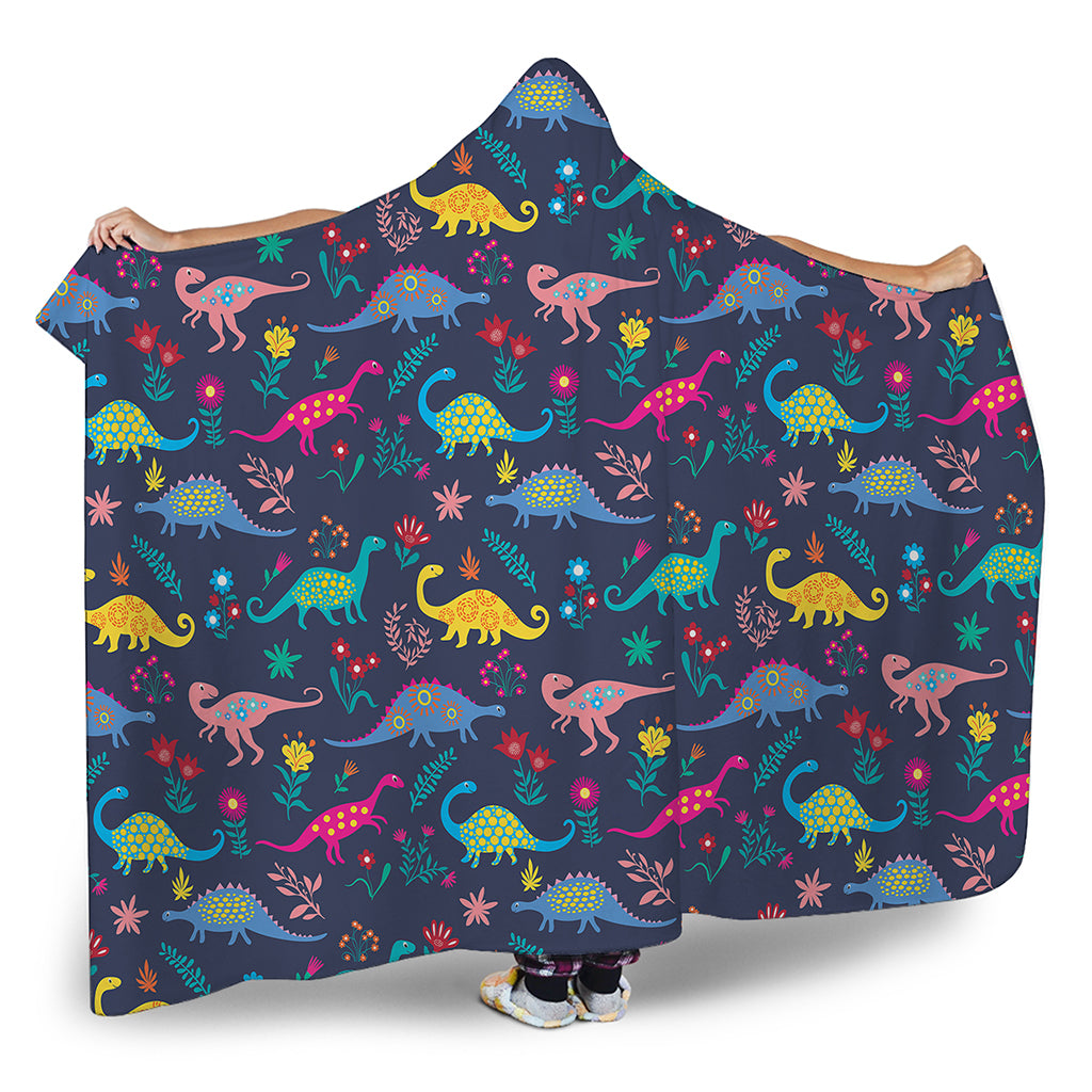 Cute Dino Floral Pattern Print Hooded Blanket