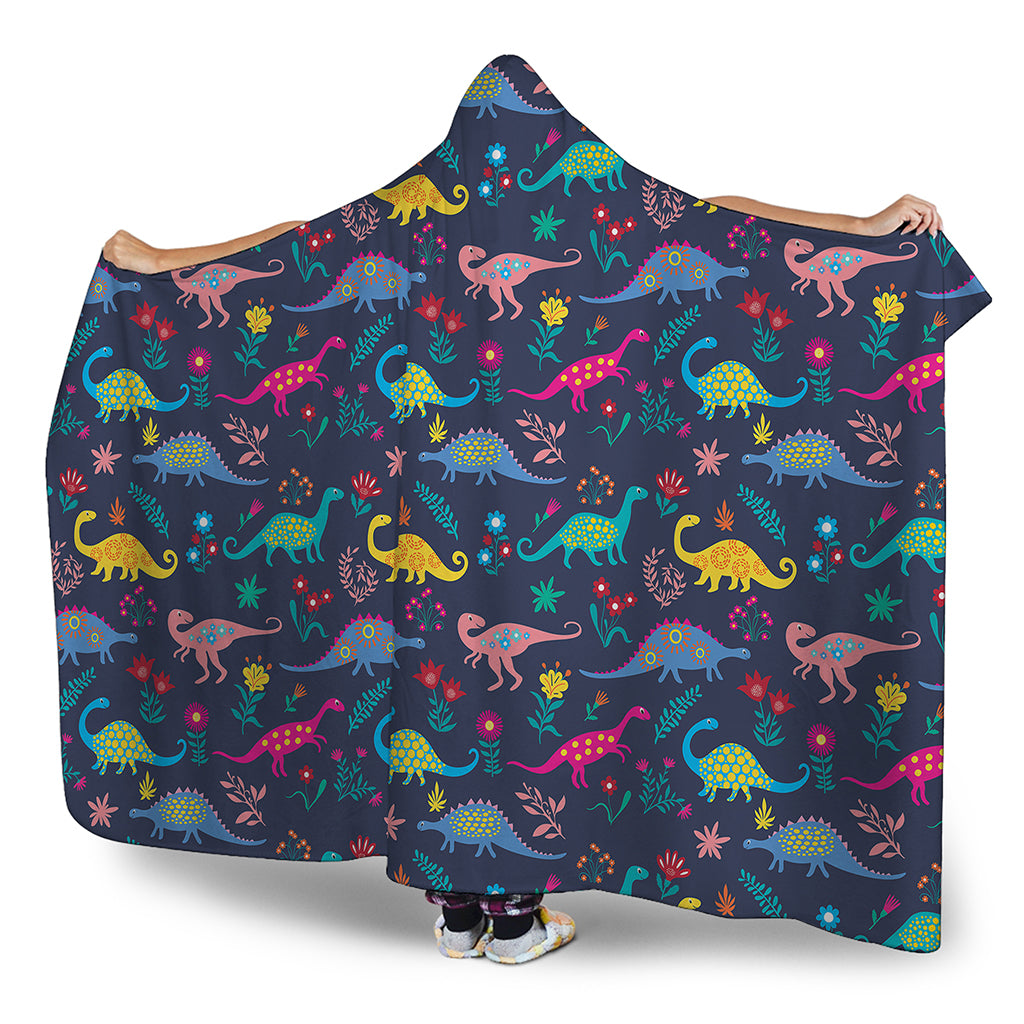 Cute Dino Floral Pattern Print Hooded Blanket