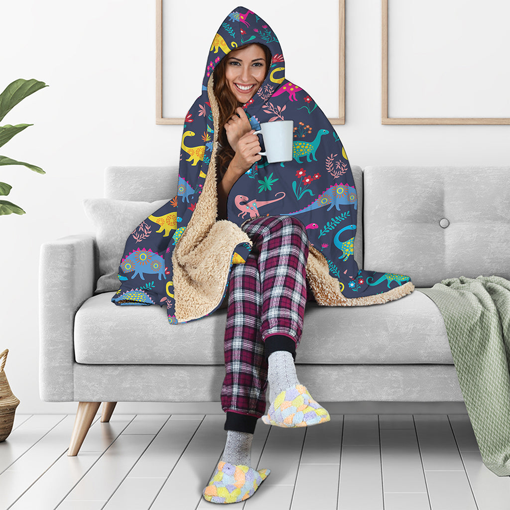 Cute Dino Floral Pattern Print Hooded Blanket