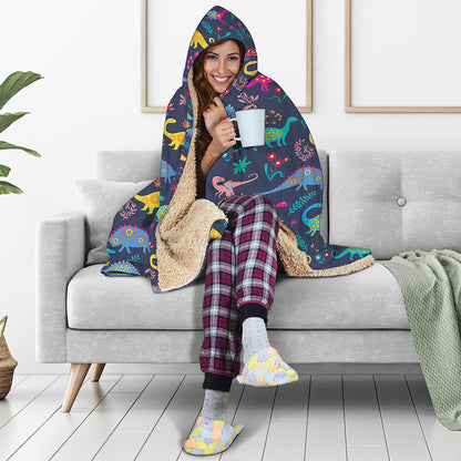 Cute Dino Floral Pattern Print Hooded Blanket