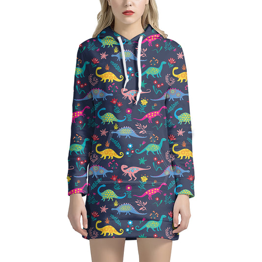 Cute Dino Floral Pattern Print Hoodie Dress
