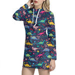 Cute Dino Floral Pattern Print Hoodie Dress