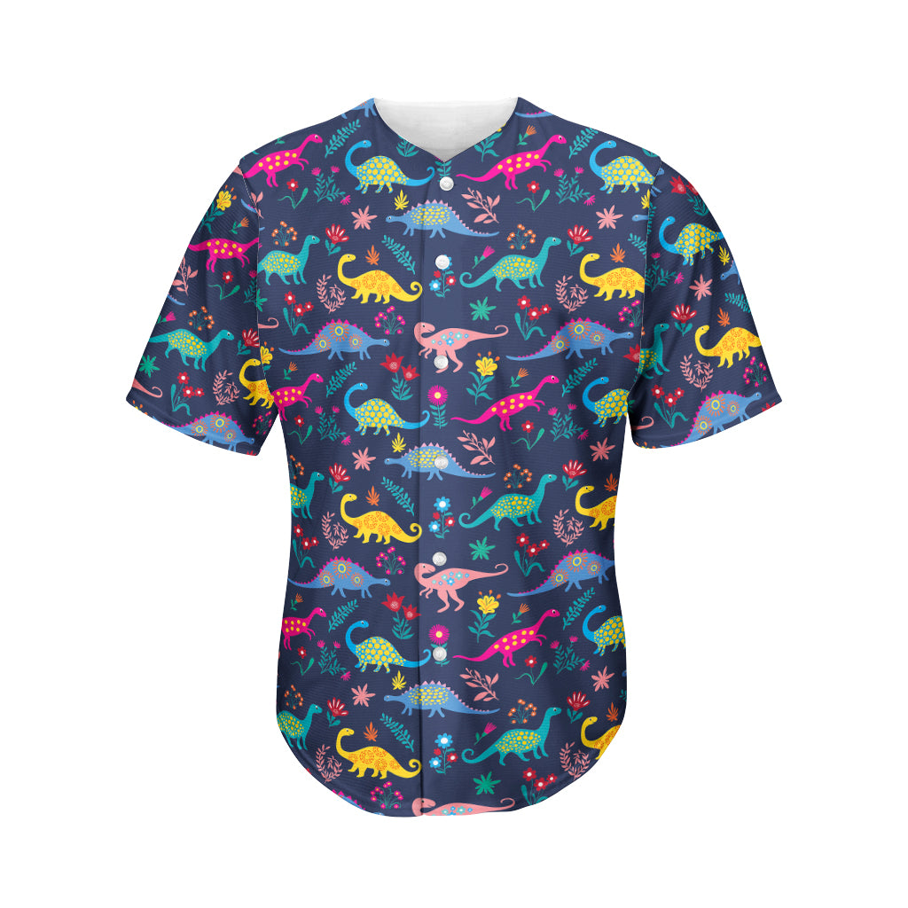 Cute Dino Floral Pattern Print Men's Baseball Jersey