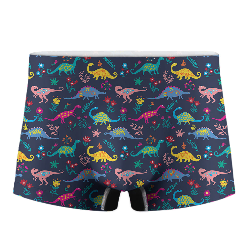 Cute Dino Floral Pattern Print Men's Boxer Briefs