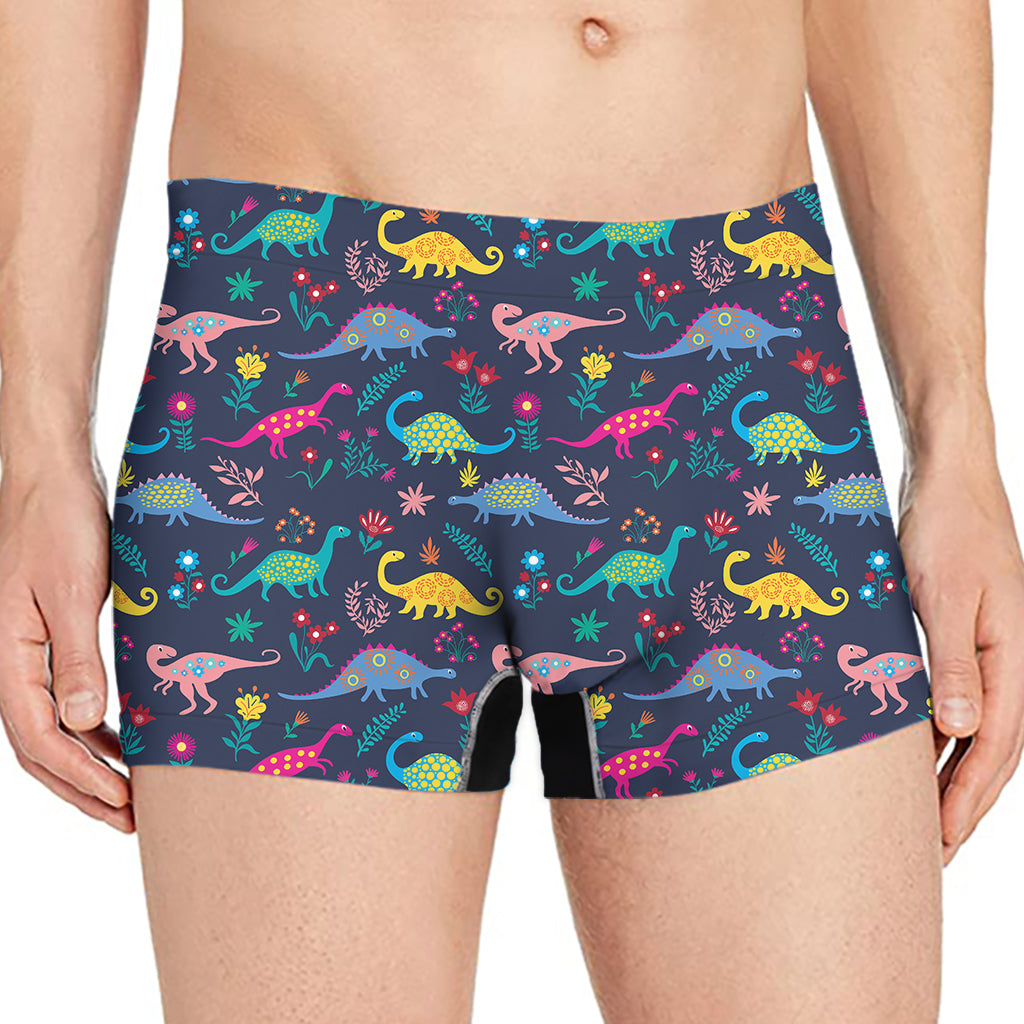 Cute Dino Floral Pattern Print Men's Boxer Briefs